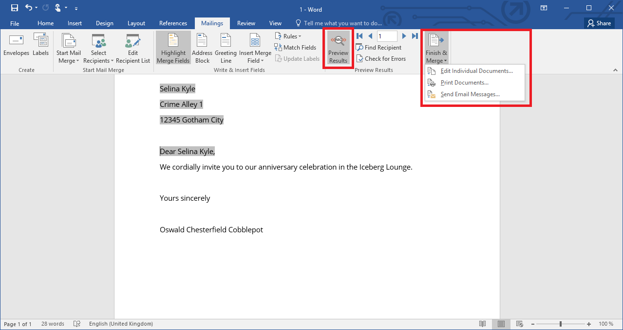 Dialog box with functions for finishing a mail merge in Word 