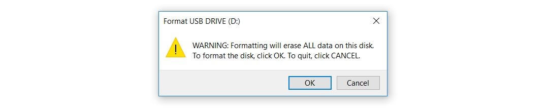 Warning notice in Windows 10: Data erasure when formatting USB drives