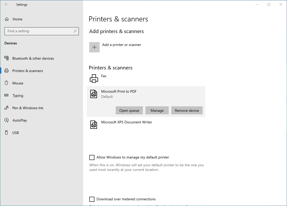Menu for managing printers in Windows 10