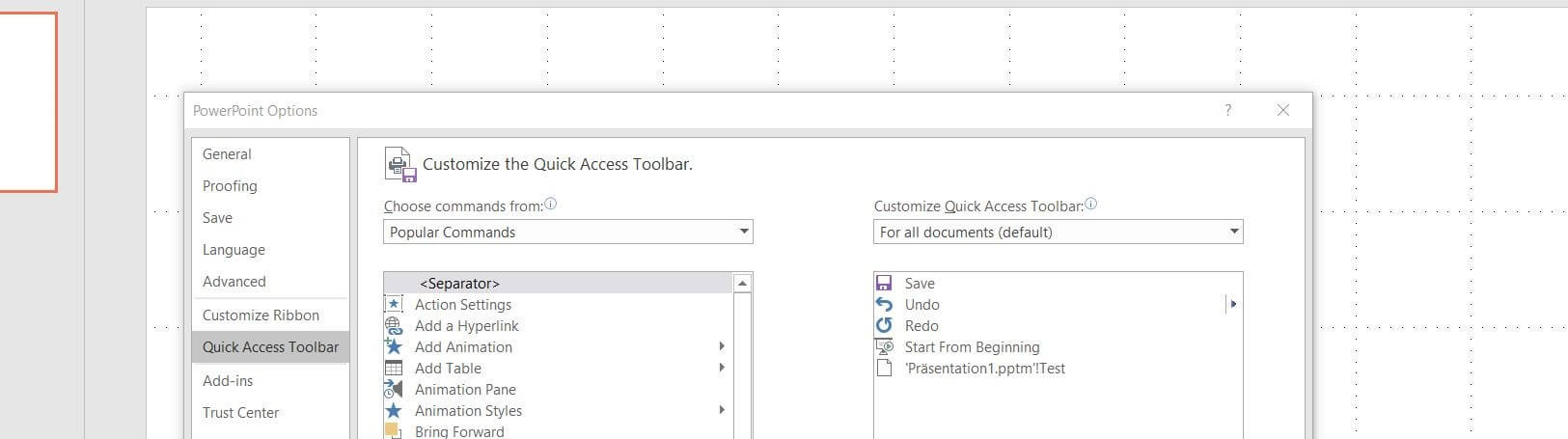 Menu for customizing the PowerPoint Quick Access Toolbar