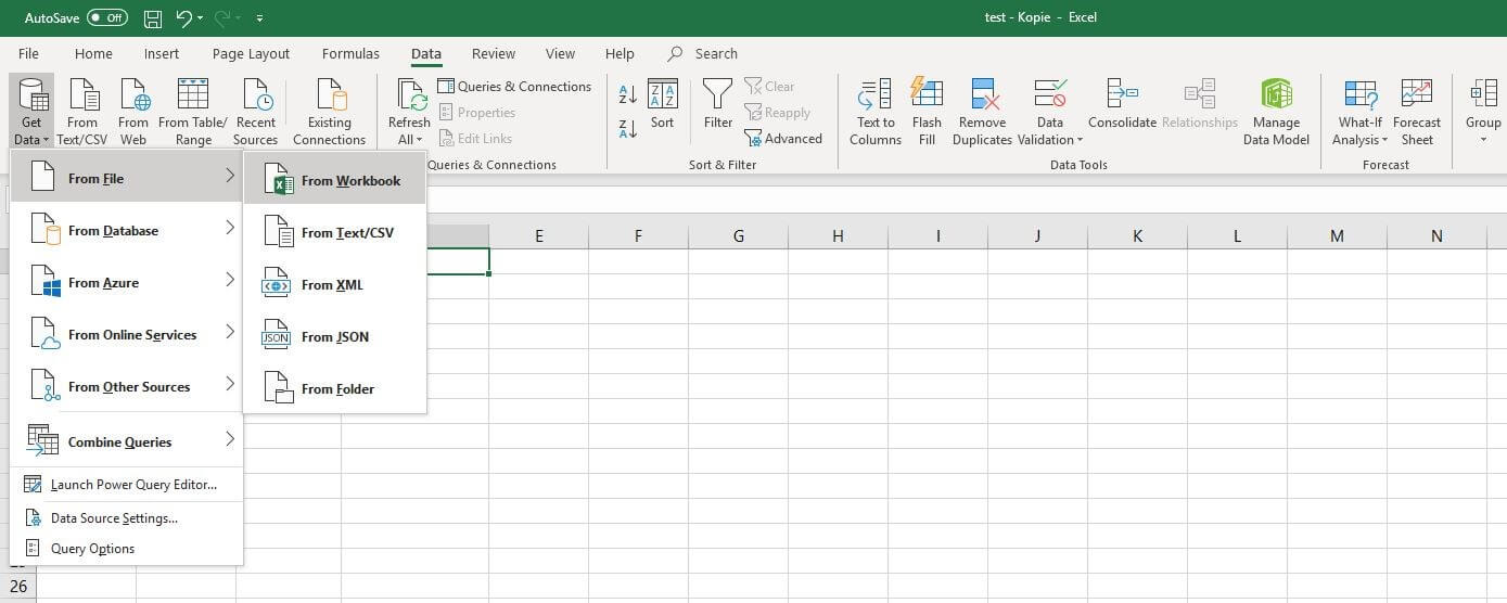 Menu for importing data in Excel 2016