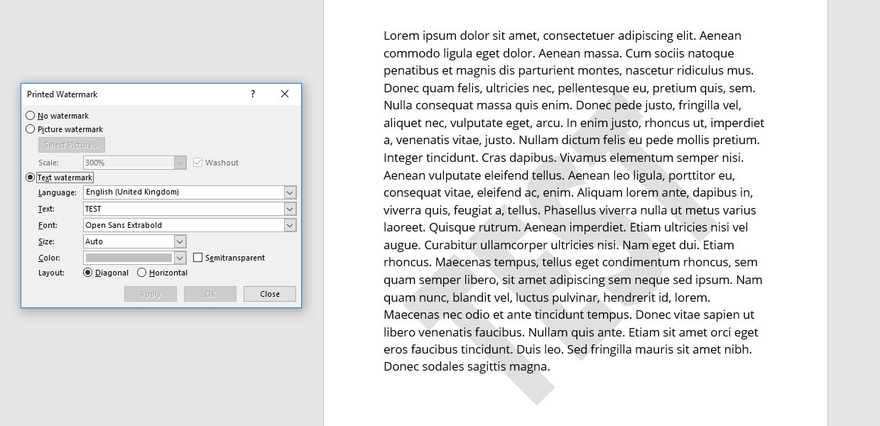 Menu for inserting text watermarks
