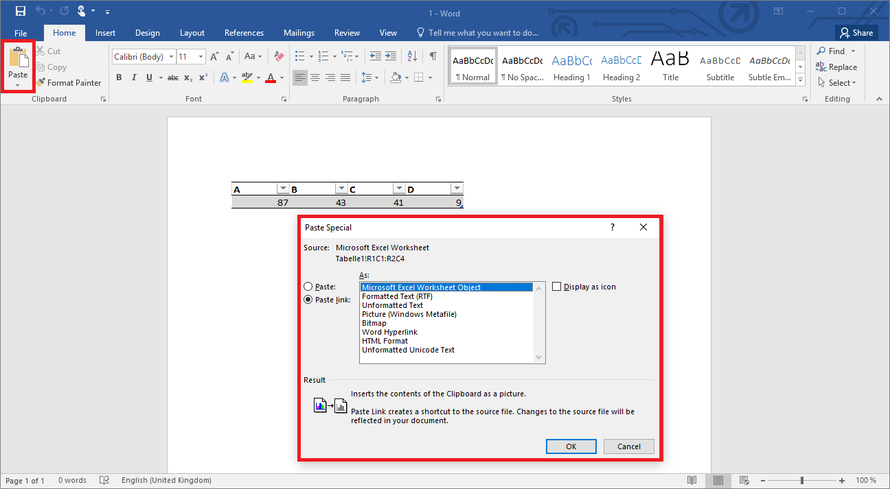 Menu for linking Excel and Word