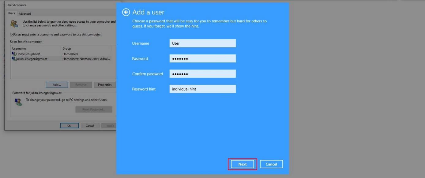 Menu in Windows 10 for adding a user