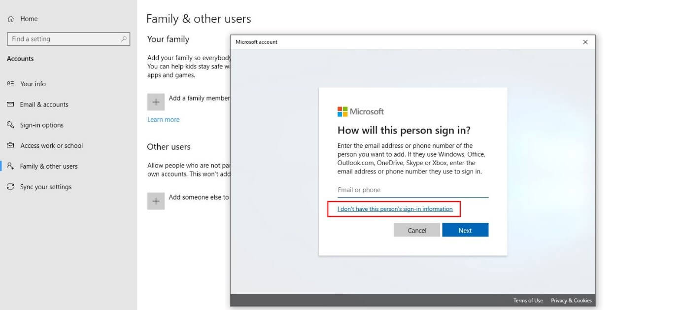 Microsoft dialog “How will this person sign in?”