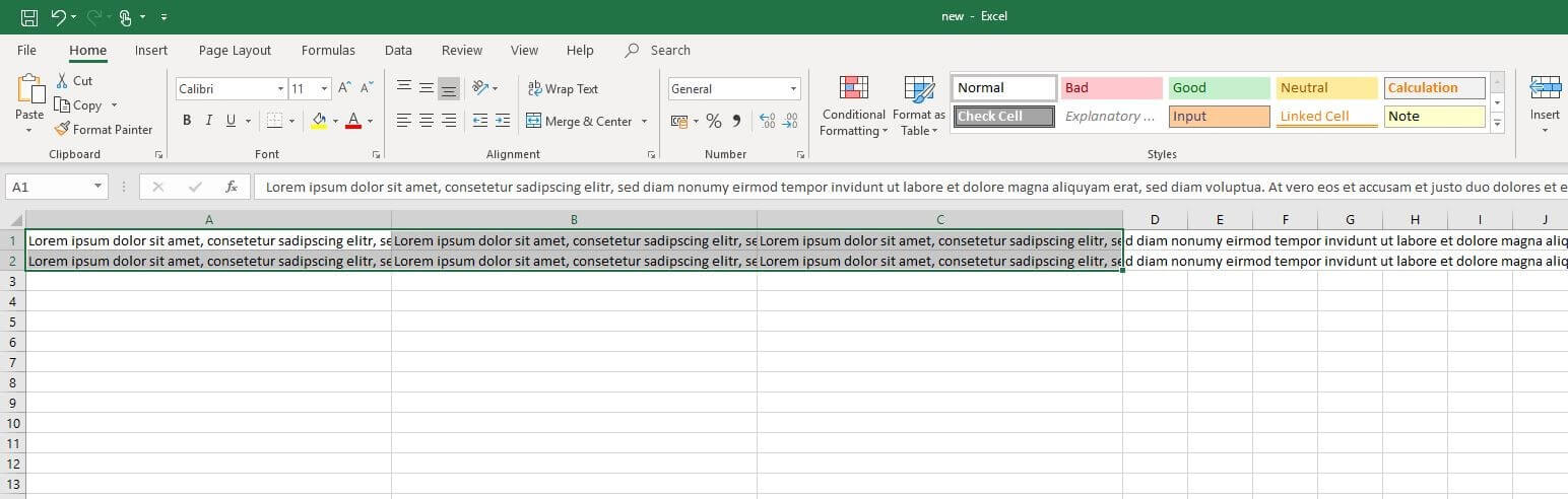 Microsoft Excel 2016: selected spreadsheet cells