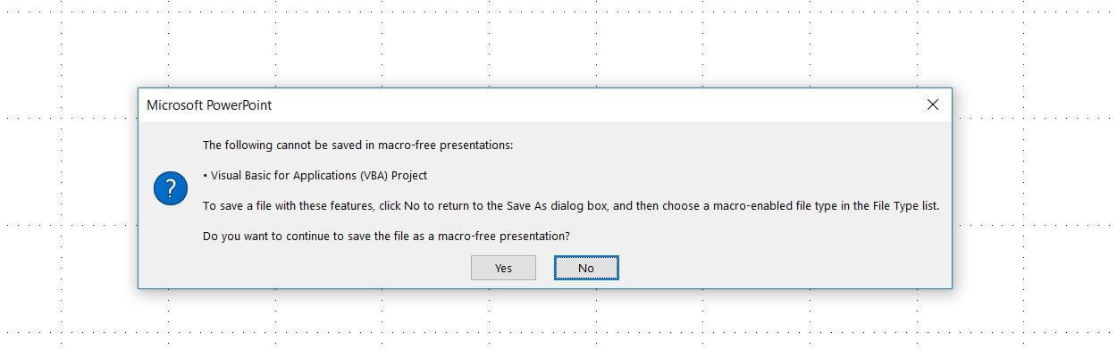 Microsoft PowerPoint: Information dialog window when saving macros