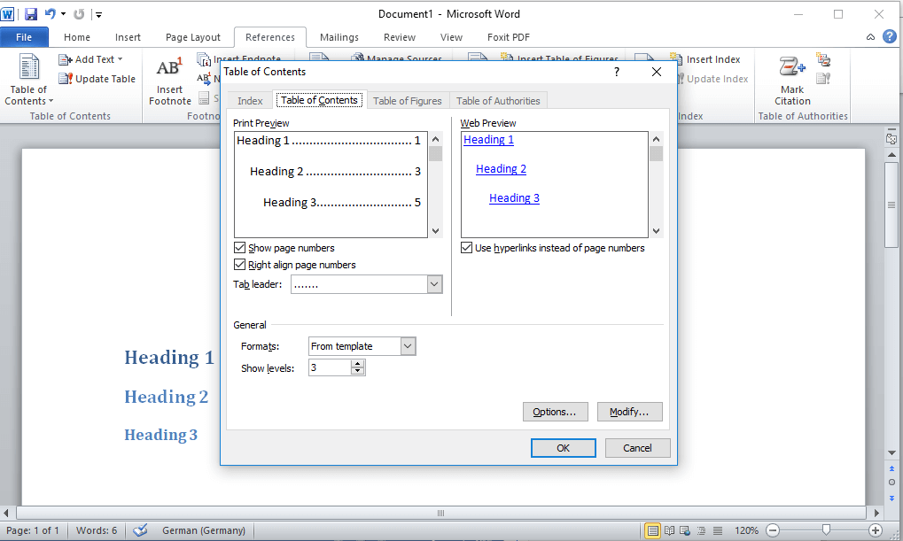 Microsoft Word 2010: Dialog box to configure a custom table of contents