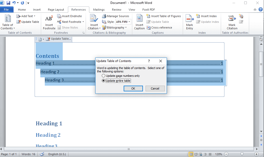 Microsoft Word 2010: Edit view of a table of contents template