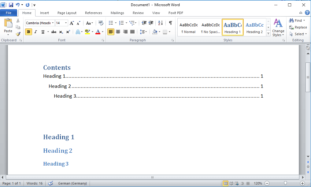 Microsoft Word 2010: Table of contents in the “Automatic Table 1” format