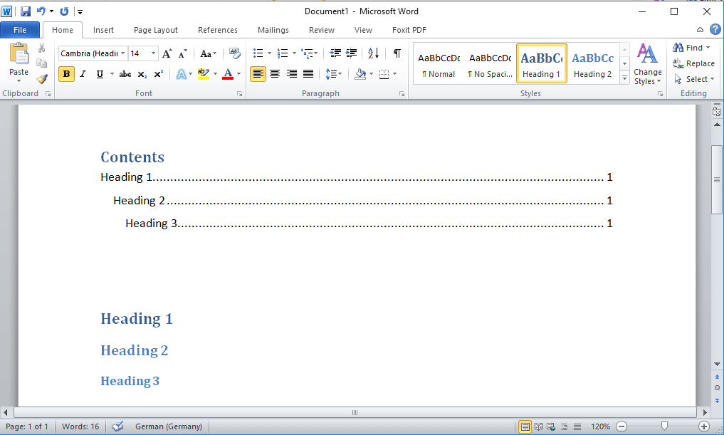 create table of contents in word starter 2013