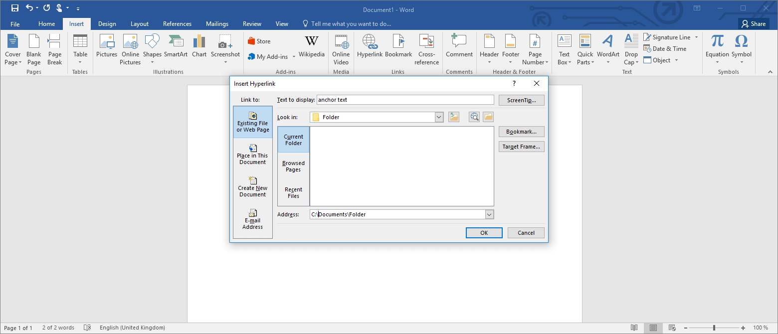 Microsoft Word: The “Insert Hyperlink” window
