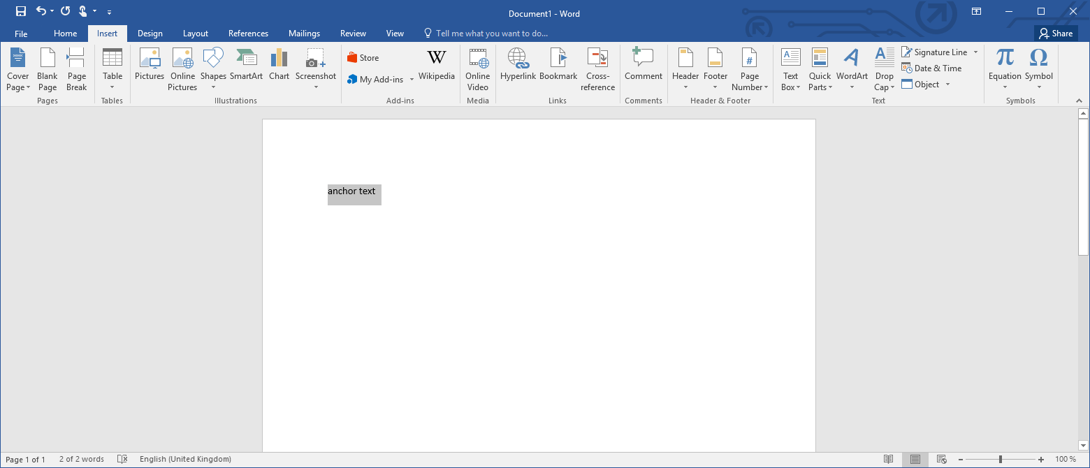 Microsoft Word: The “Link” button in the “Insert” tab