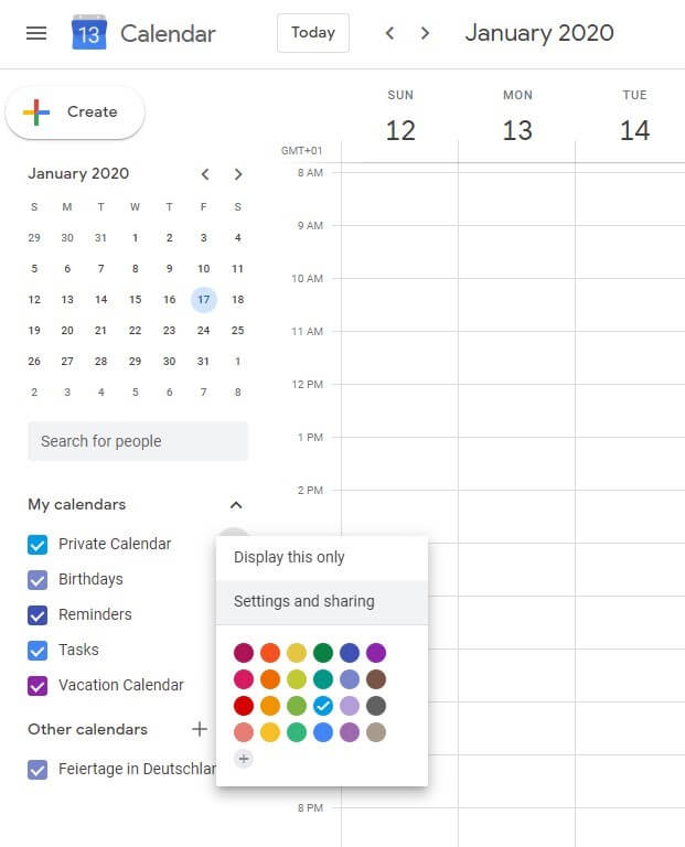 Selecting “My calendars” for sharing