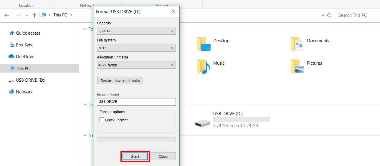 Formatting a USB drive with Windows 10