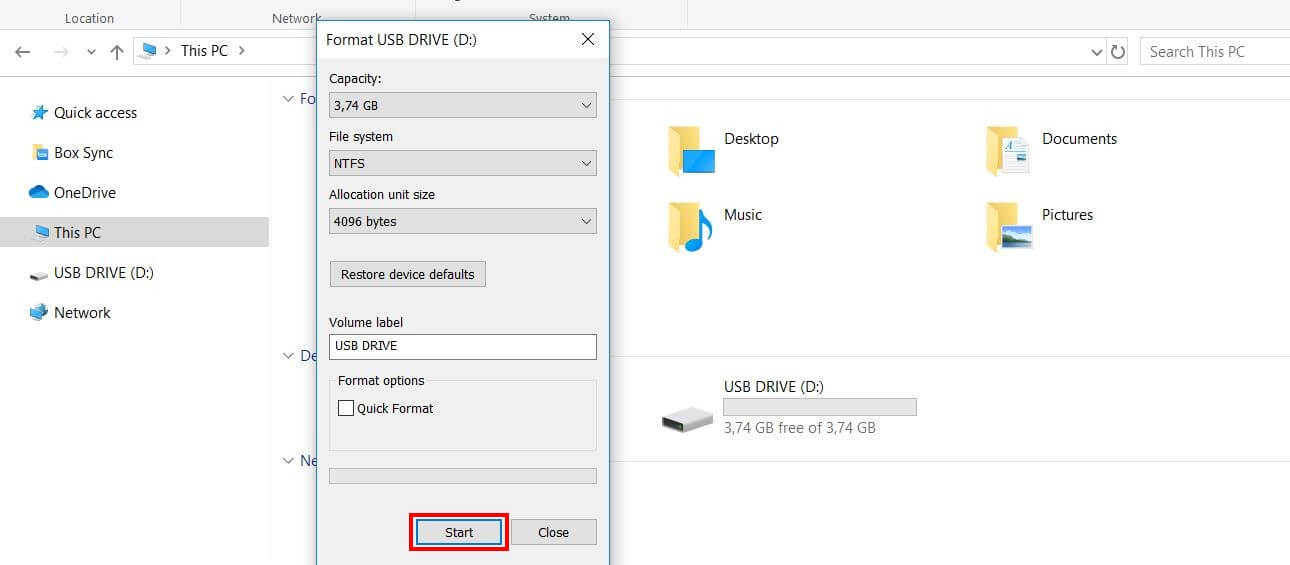 format usb for windows 10 install