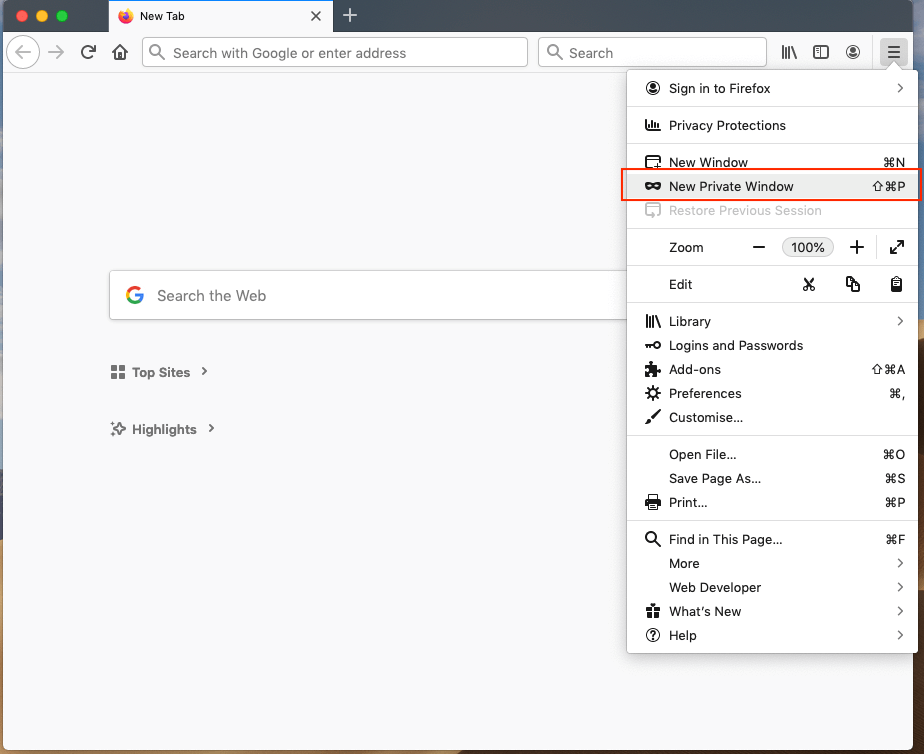 Select “New Private Window” in Firefox via the menu