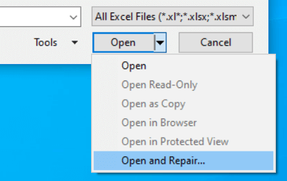 Selecting “Open and Repair” in Excel