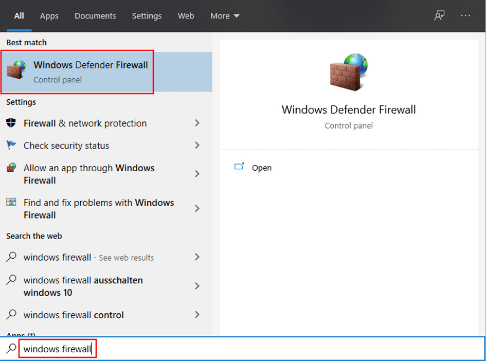 Opening the Windows 10 firewall settings via the search function