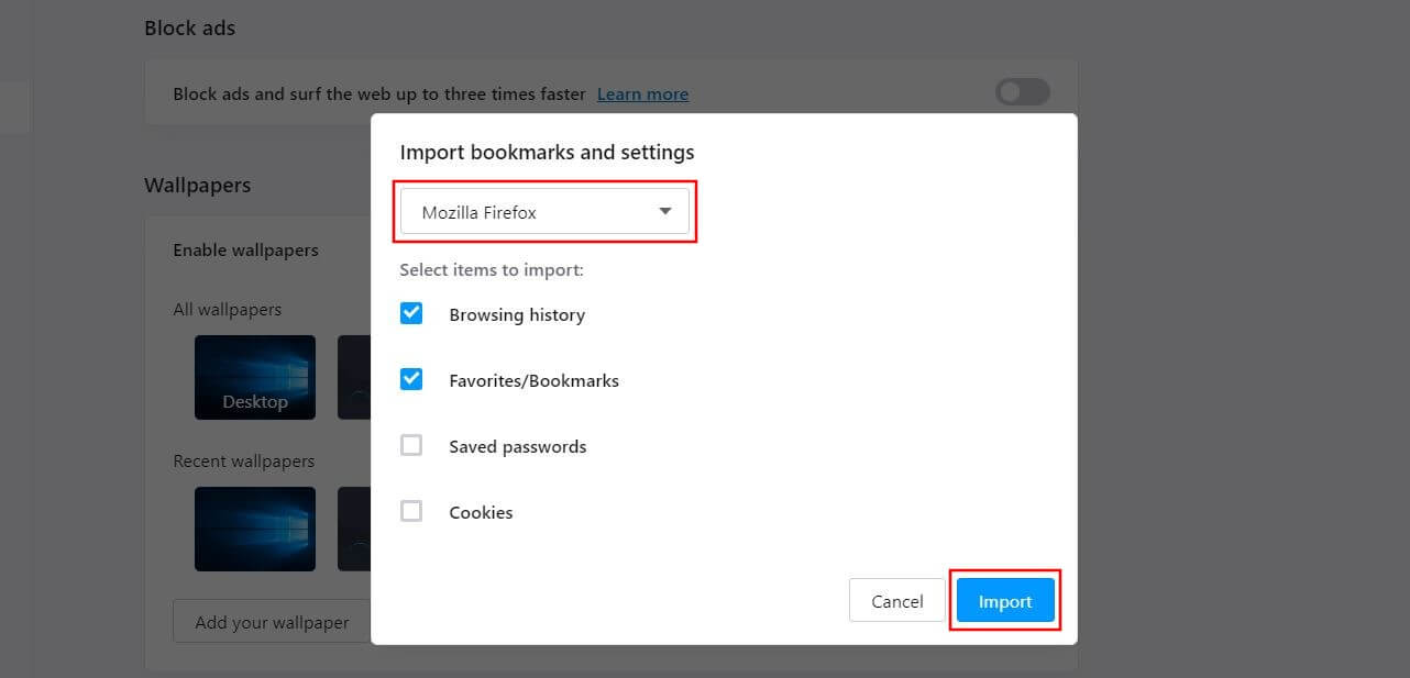 Opera: Importing bookmarks from Mozilla Firefox
