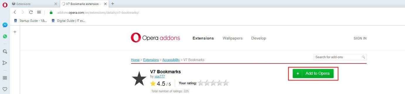 Opera V7 Bookmarks add-on in the extensions manager