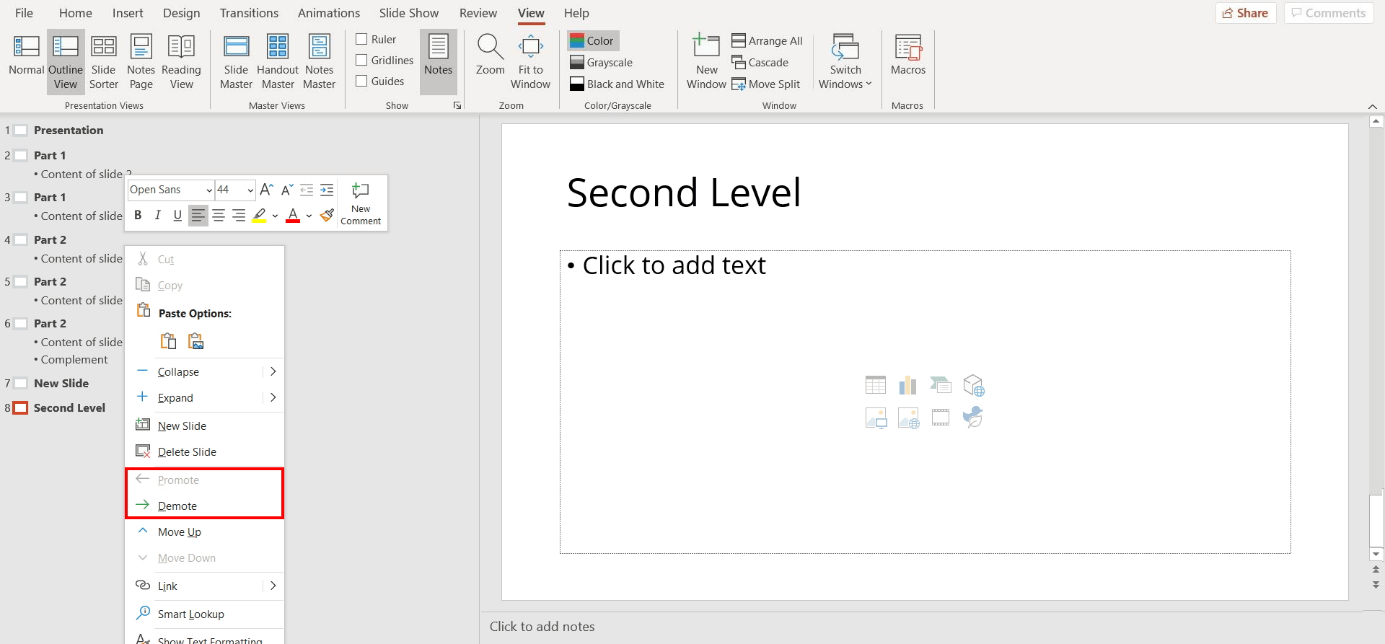 Outline view in PowerPoint: change hierarchy