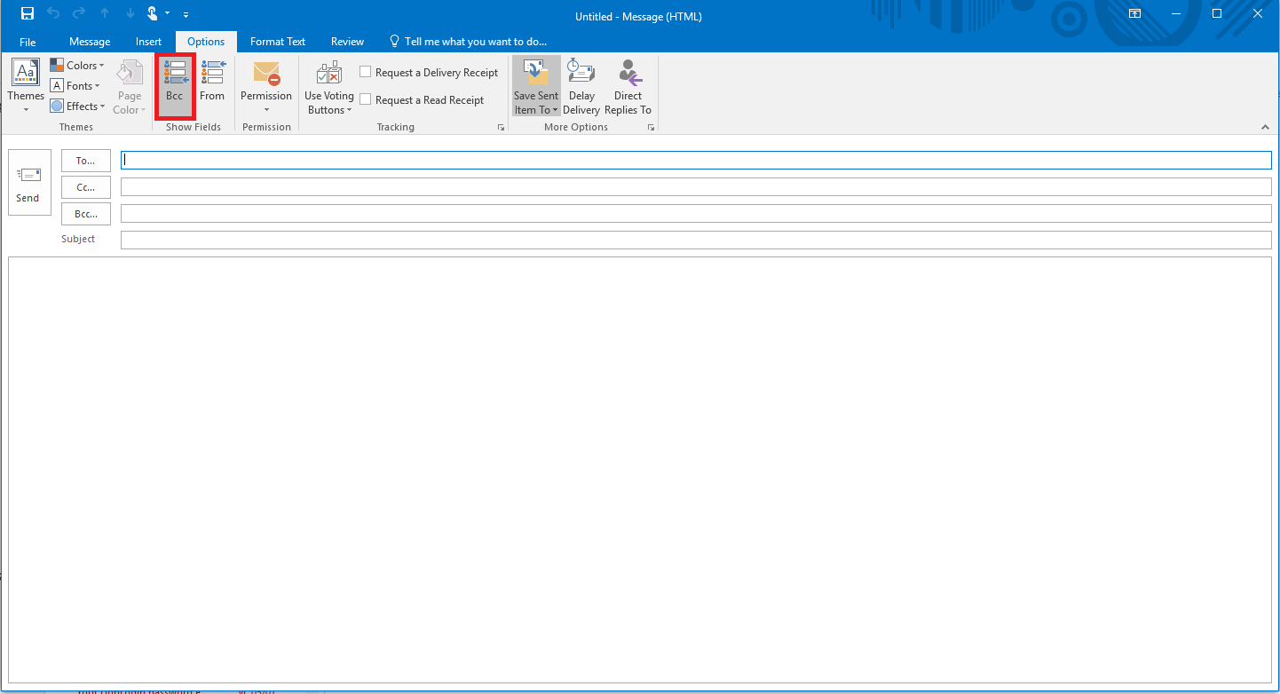 Outlook 2016: The “Bcc” button in the “Options” tab