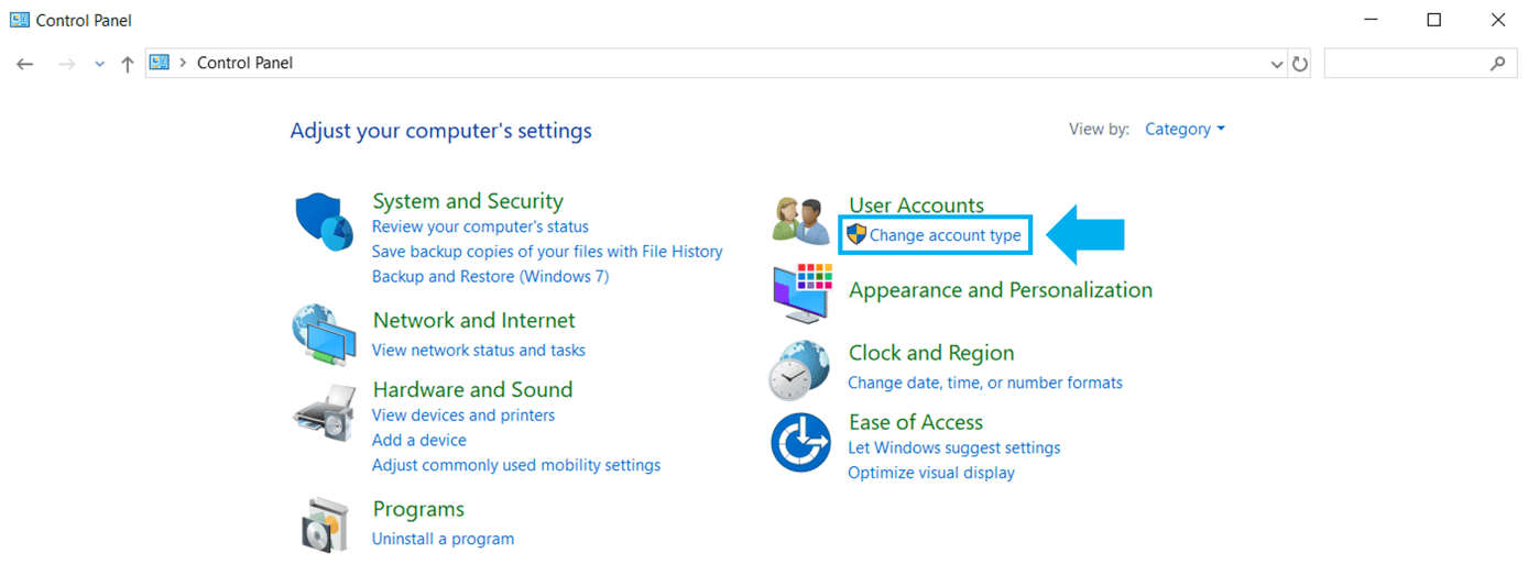Overview of system settings and “Change account type” options.