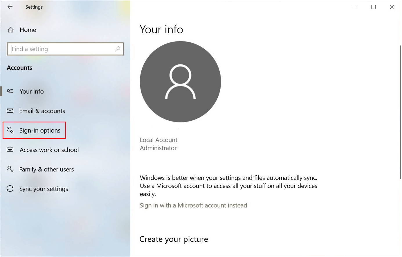 Sign-in options in Windows 10 Account settings
