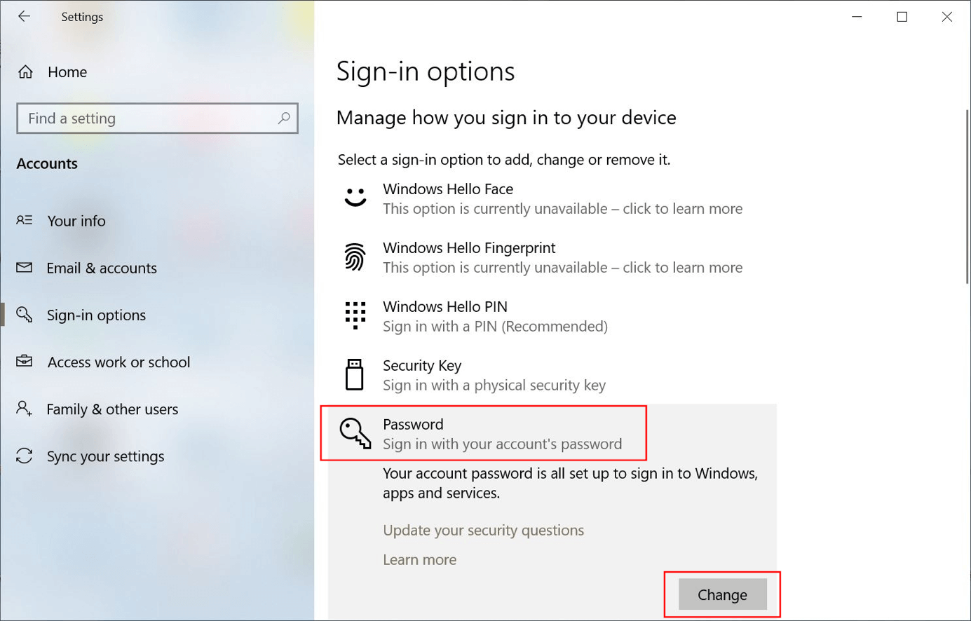 Windows 10: “Sign-in options” with password menu.