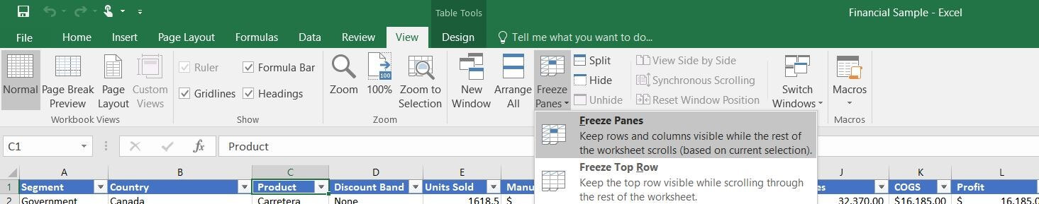 Pinning Excel columns using “Freeze Panes”