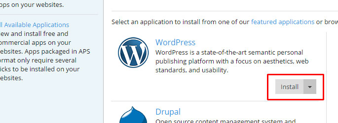 Install for WordPress on the Applications page