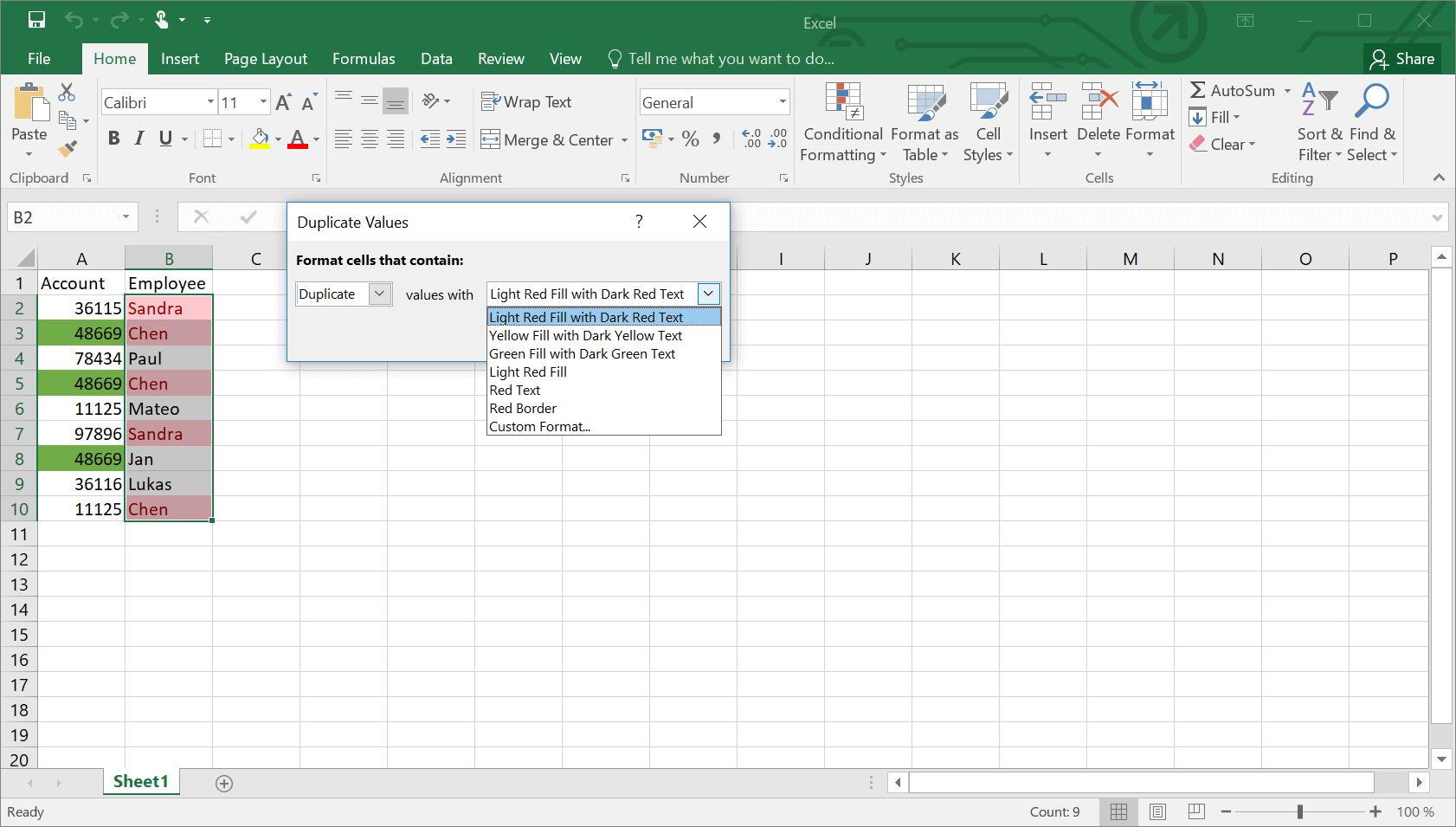 Possible settings for the “Duplicate Values” function