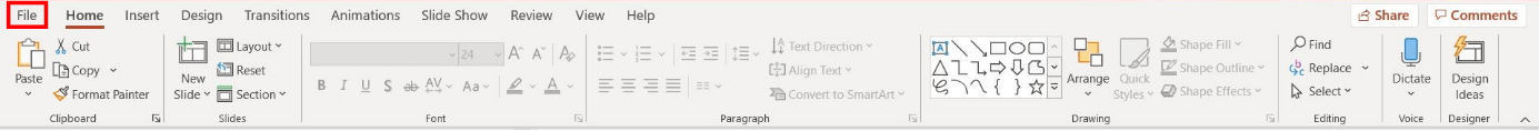 PowerPoint: “File” tab in the menu bar