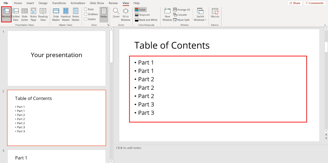 PowerPoint: inserting a table of contents
