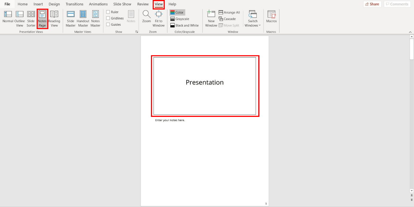 PowerPoint notes page without slides
