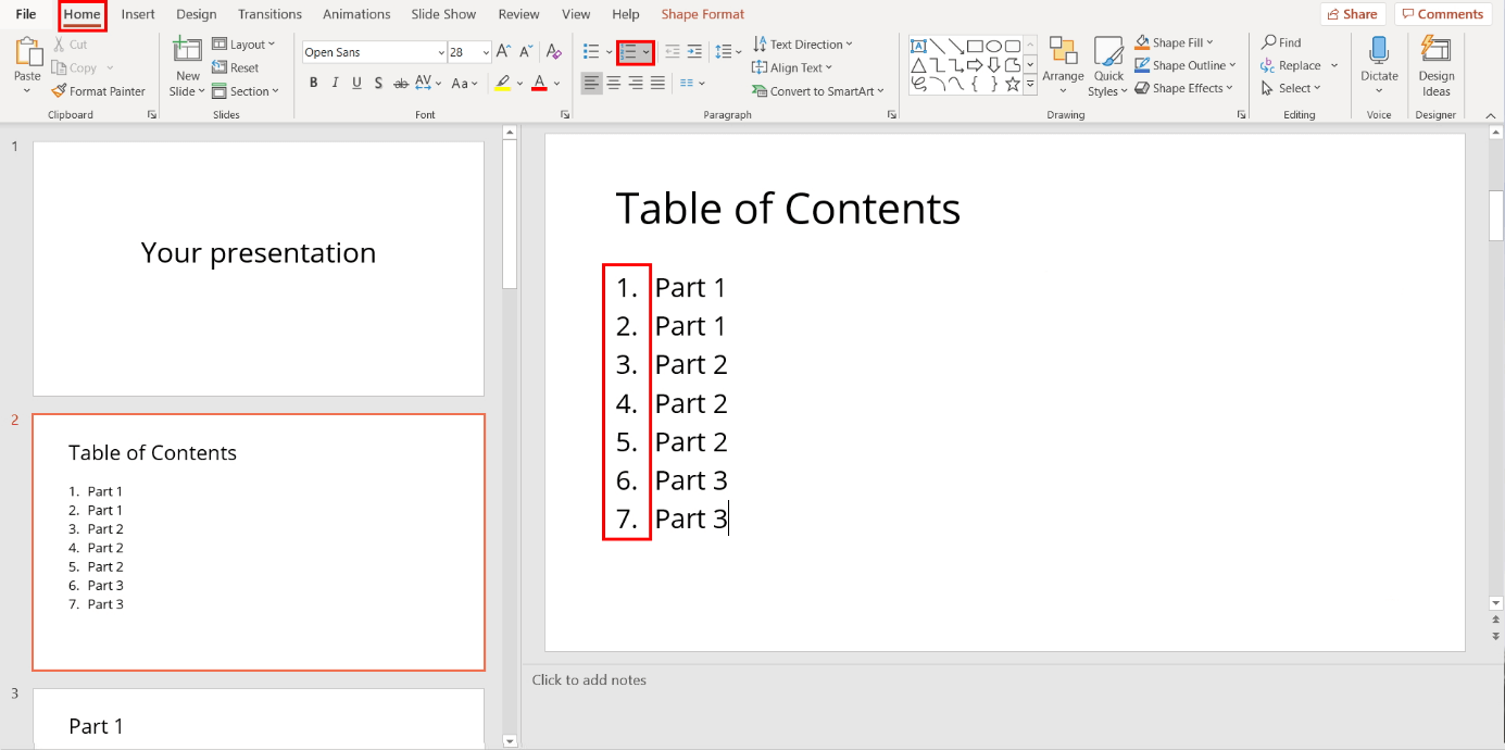 PowerPoint: numbering a table of contents