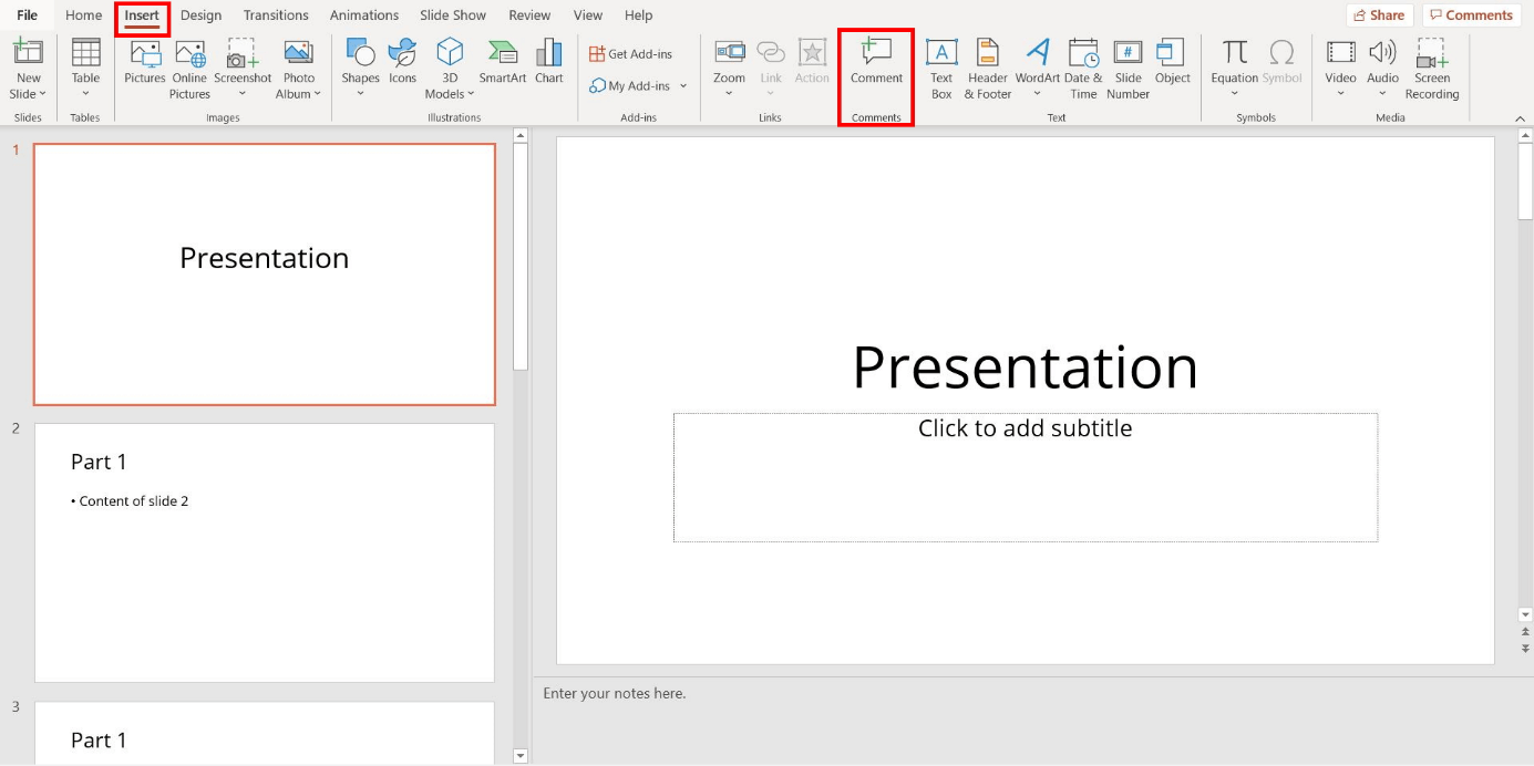 PowerPoint: opening the comments section