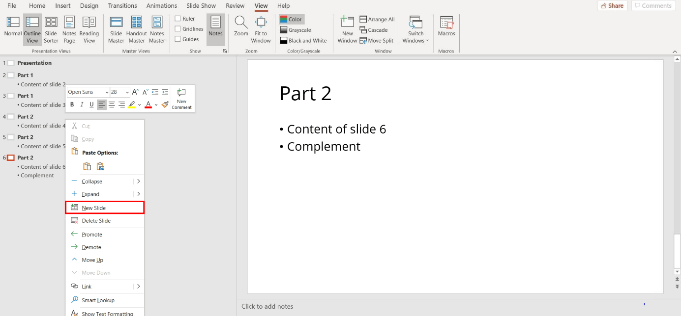 create a presentation in outline view