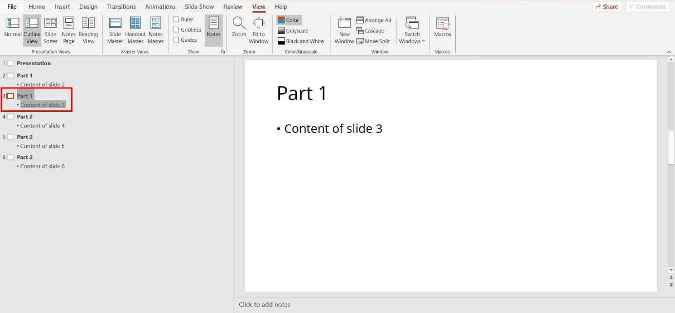 PowerPoint outline view: change order