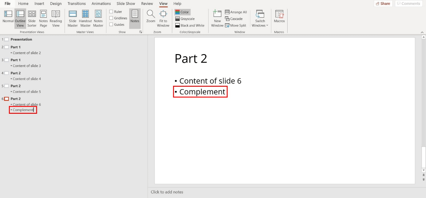 PowerPoint outline view: edit content