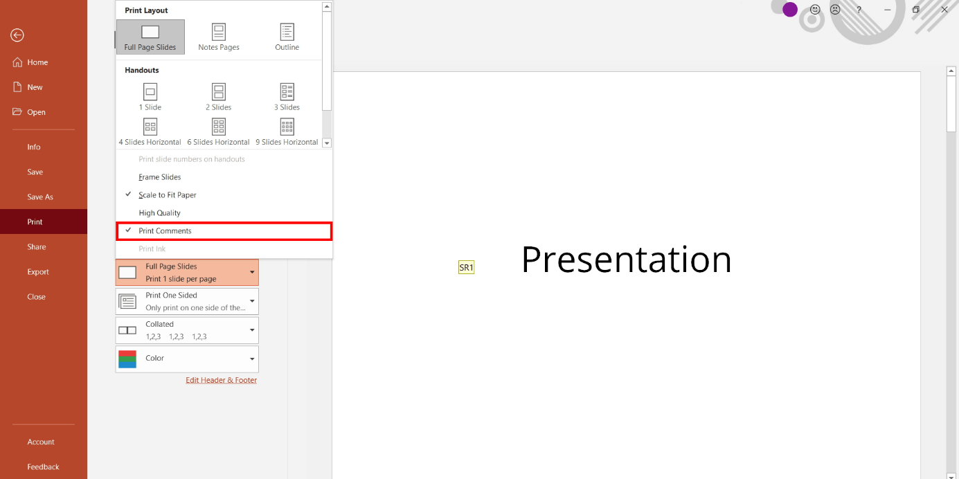 PowerPoint print options: Print Comments
