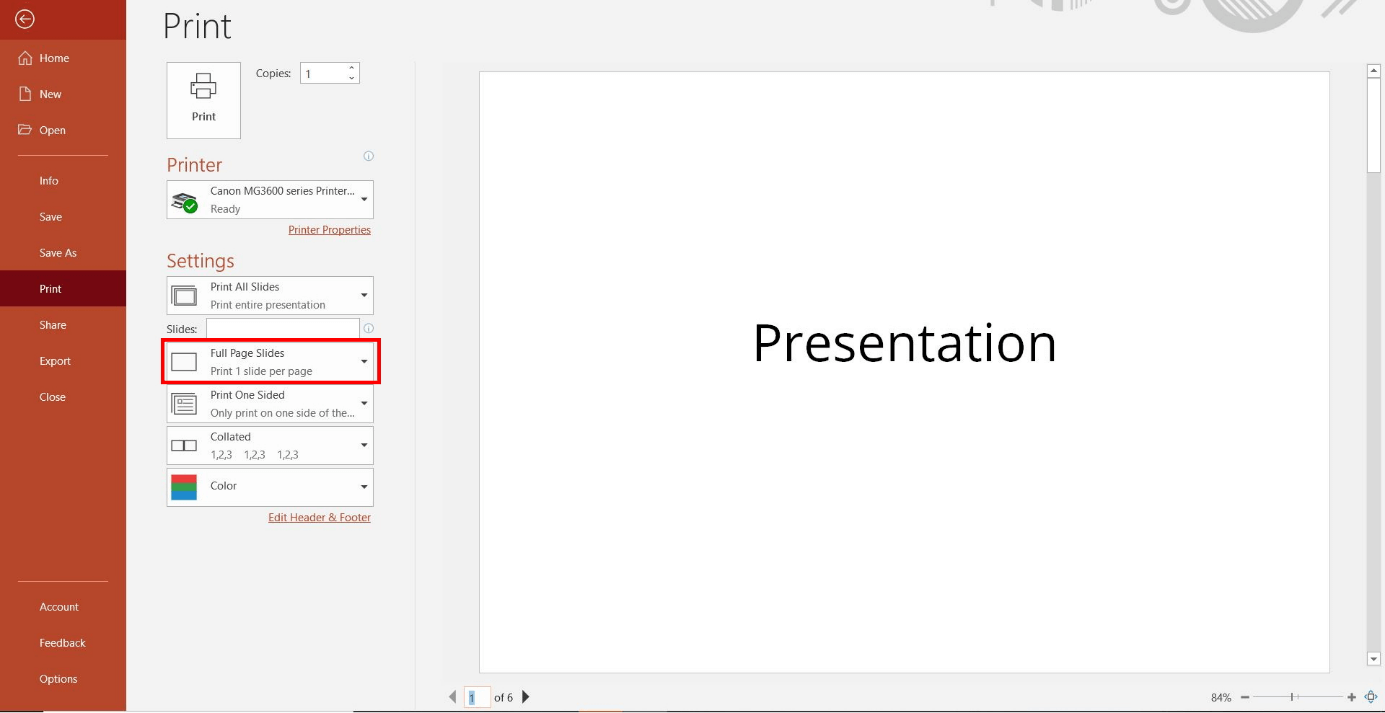 PowerPoint print settings