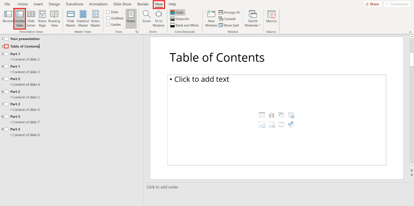 PowerPoint table of contents: Outline View