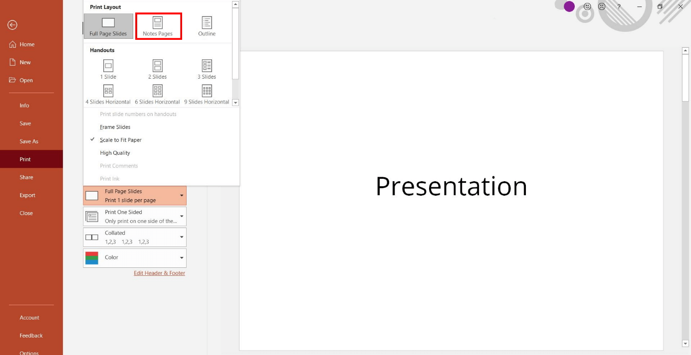 Printing PowerPoint slides with notes: selection in the print menu
