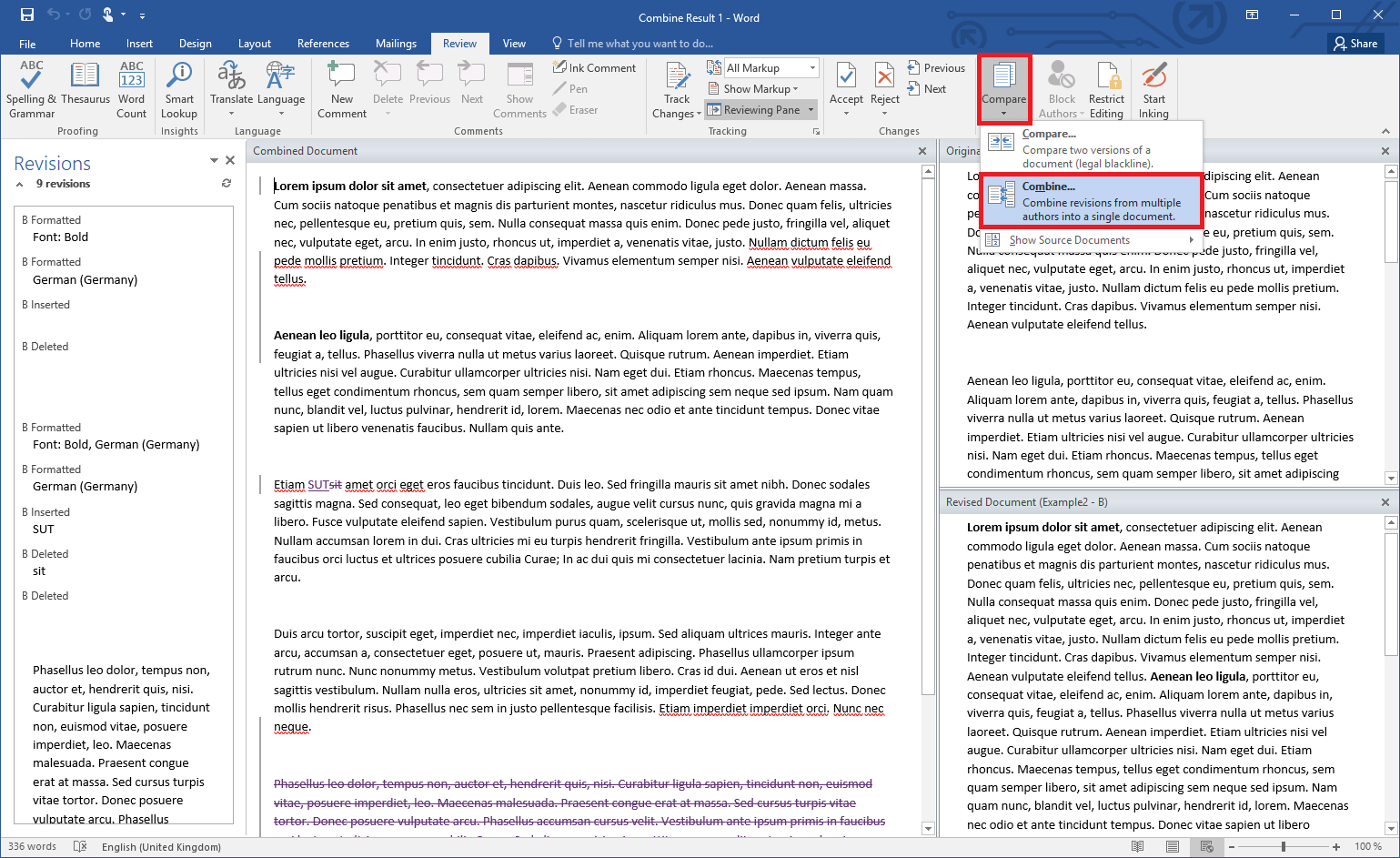 Program window where you can compare and combine Word documents