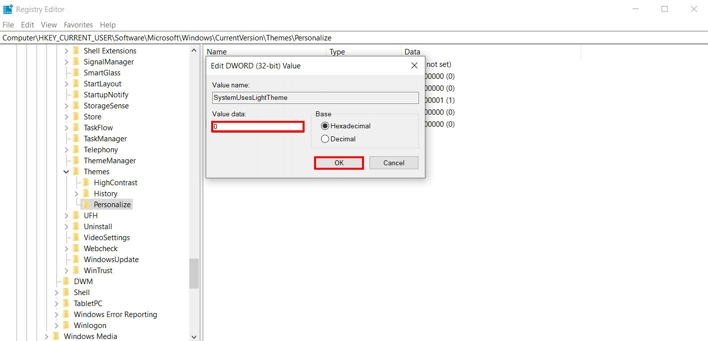 dark mode windows 10 registry