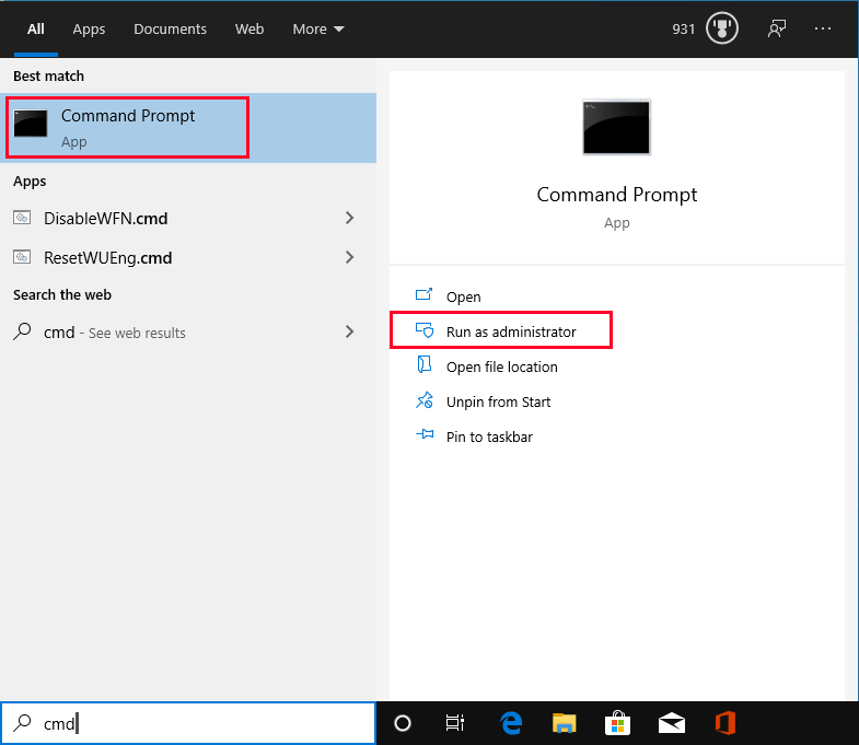 Running Command Prompt from the Windows 10 search box