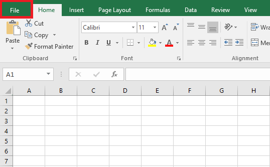 Screenshot of “File” menu item in MS Excel