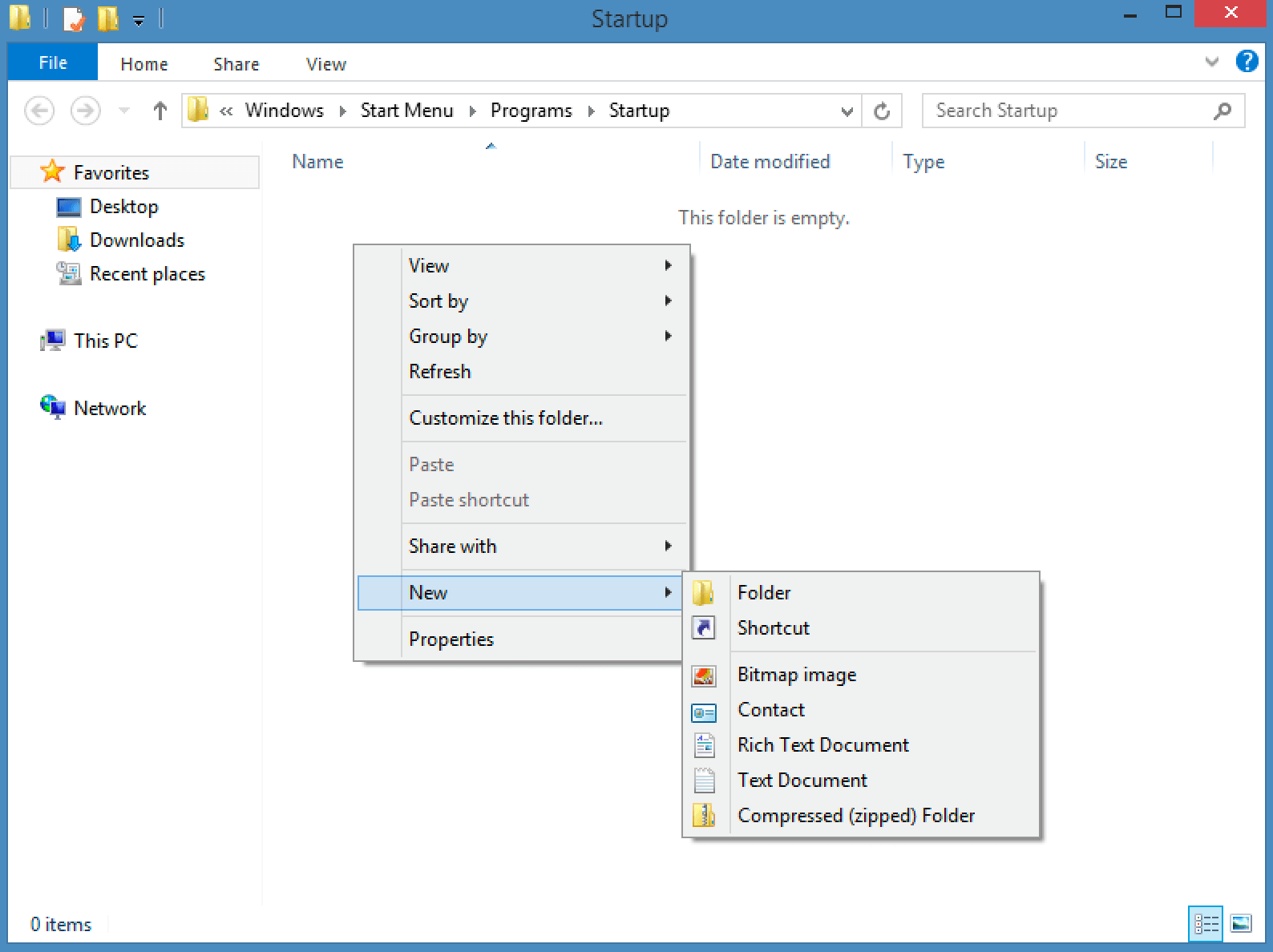 Screenshot of the startup folder with “New” selected